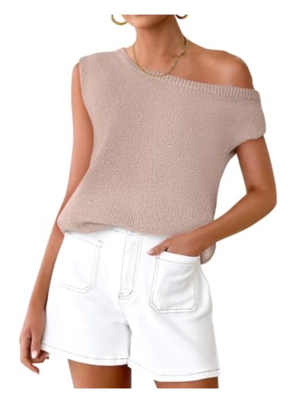 Women's Summer Off The Shoulder Knit Tunic Top Short Sleeve Oversized Casual